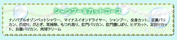 シャンプー＆カットコース：ナノバブルオゾンペットシャワー、シャンプー全身カット、足裏バリカン、爪切り、爪とぎ、耳掃除、もつれ取り、肛門バリカン、肛門線しぼり、ヒゲカット、足回りカット、お腹バリカン、肉球クリーム